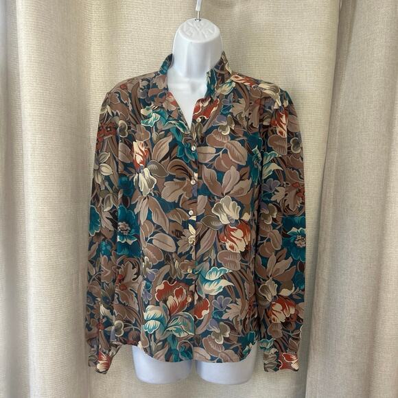 Vintage Campus Casual Sheer Floral Blouse Button Up Taupe beige Teal Sz M - Picture 1 of 7
